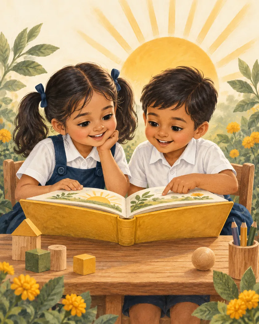 Illustration of two young learners in navy-and-white uniforms discovering a picture book together in a sunlit garden.